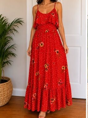 Peyton & Parker Floral Polka Dot Maxi Dress Coral Pink Cold Shoulder Boho Dress